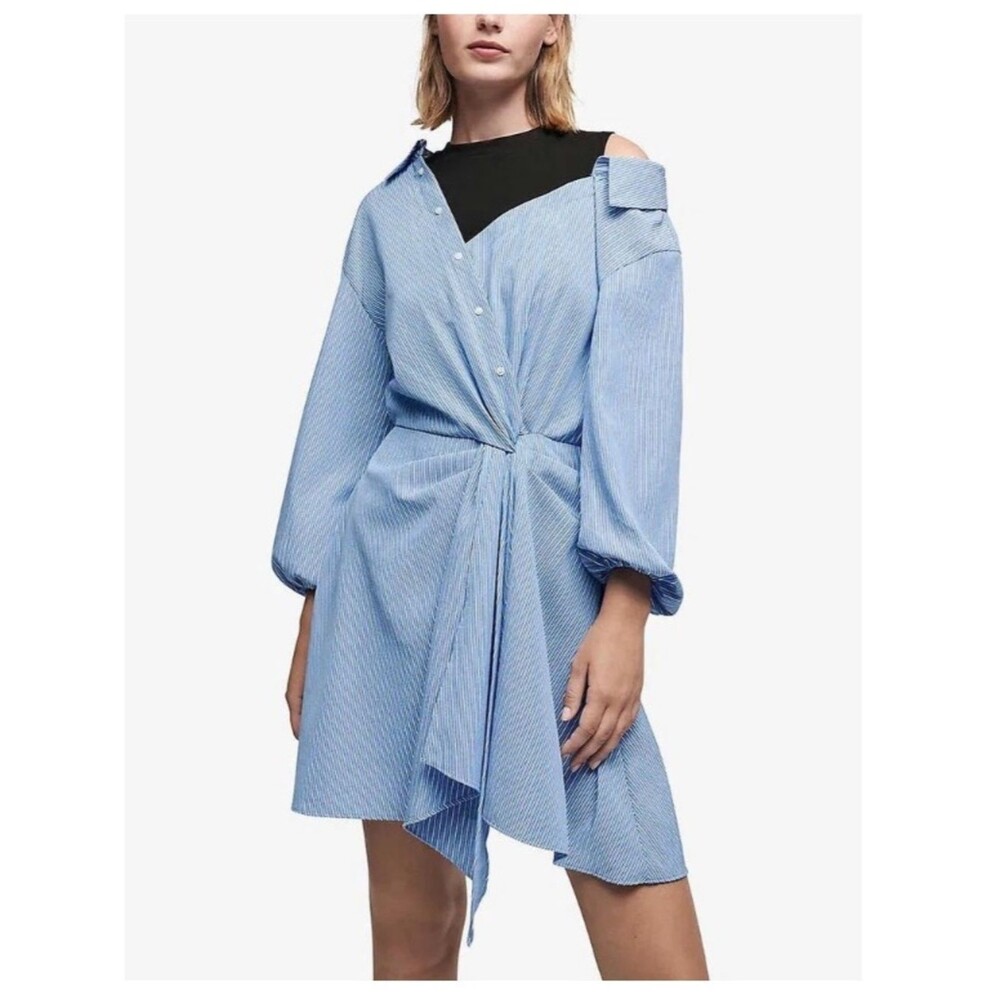 Maje Blue Black Ritavi Trompe-L’oeil Striped Office Asymmetric Shirt Dress 38